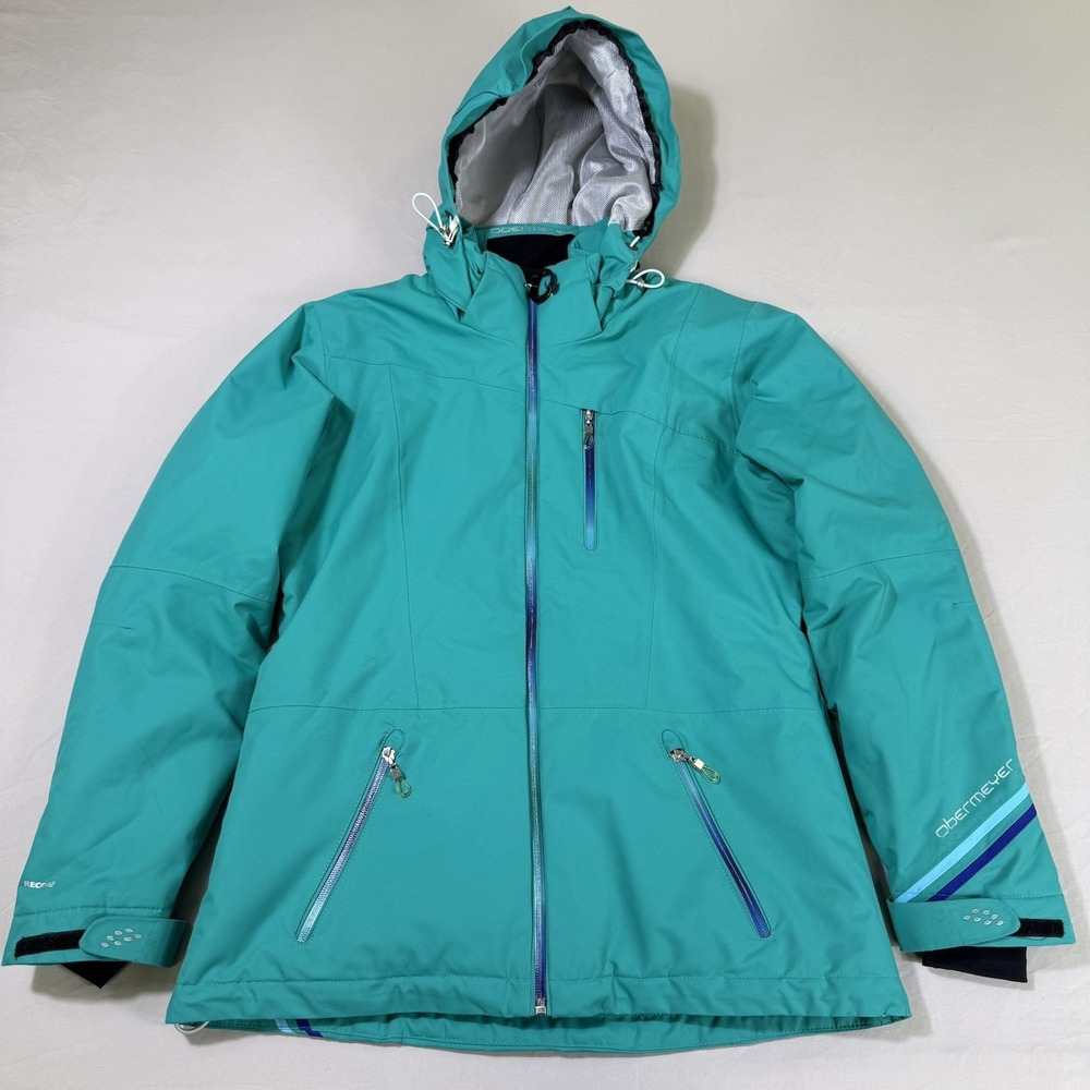 Obermeyer Women Ski Snowboard Jacket Coat Sz 10 Green Hooded Recco Insulated Zip